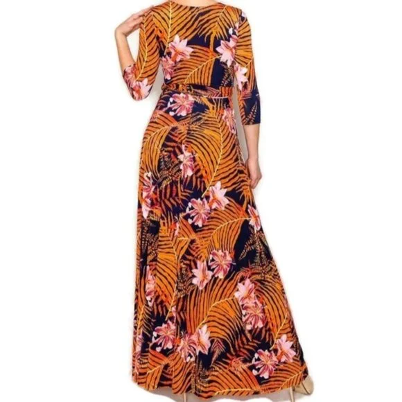 Janette Fashion Orange Palm Leaves Floral Faux Wrap 3/4 Sleeve Long Maxi Dress - Picture 3 of 4